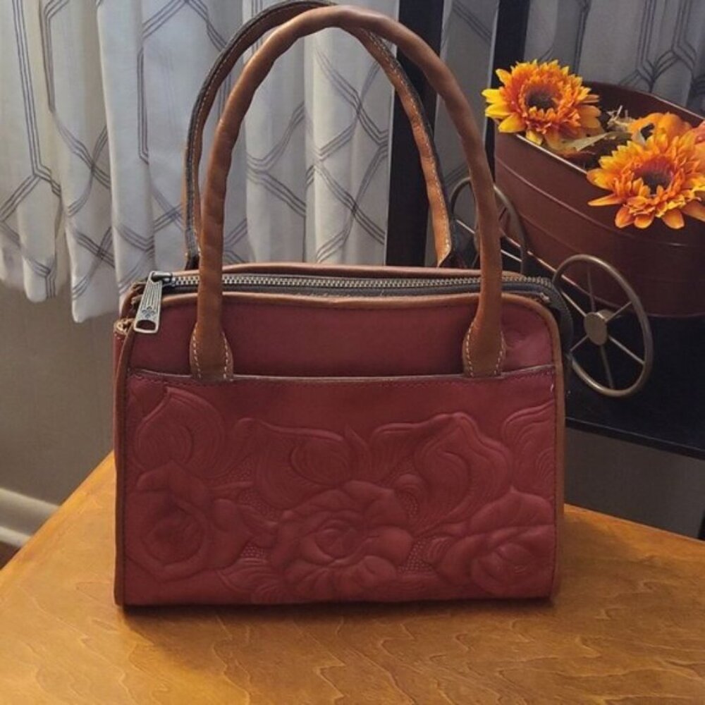 Hand Painted Floral Leather Bag Purse Vintage Zip Top Satchel - Picture 3 of 16